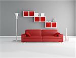 Red and gray minimalist living room - rendering