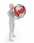 White man holds globe with heart, America part isolated on white