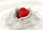 Strawberry falls into milk causing splash and drops all around