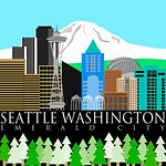 Seattle Washington Downtown Skyline with Mount Rainier Color Illustration