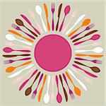 Cutlery icons. Fork, knife and spoon silhouettes in circle on beige background. Vector available.
