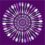 Cutlery icons. Cutlery silhouettes circled pattern on violet background. Vector available.