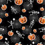 Halloween pumpkins and skeleton on black background. Vector available