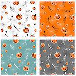 Halloween pumpkins and skeleton on colour backgrounds. Vector available