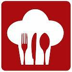 Chef icon. Chef hat silhouette with cutlery inside on red background. Vector available.