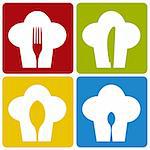 Chef icons. Chef hat silhouette pattern with cutlery inside on different background. Vector available.