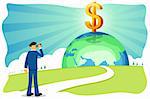 illustration of businessman with dollar and globe