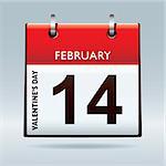 Red top calendar icon for valentines day on 14th February