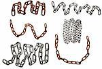 collection of metal chain parts on white background. each one is in full cameras resolution