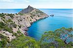 Summer evening rocky coastline of "Novyj Svit" reserve (Crimea, Ukraine, "Capchik Cape" ). Two shots stitch image.