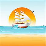 illustration of ship on sea with sun and bird