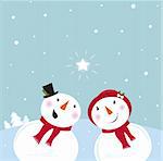 Snowman couple looking together on star on winter sky. Winter / Valentine´s day cartoon Illustration.