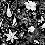 Black effortless floral pattern with vintage elements (vector)