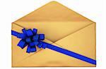 open a paper envelope tied with blue ribbon and bow. isolated on white with clipping path.
