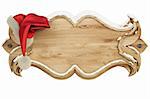 on a wooden banner covered with snow hanging hat of Santa Claus. isolated on white including clipping path