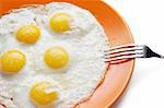 Fried eggs and fork on the orange plate