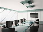 Modern boardroom with lcd and glass table interior 3d