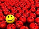 abstract 3d illustration of one yellow happy face on red unhappy crowd