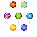 illustration of different decorated lollypops on white background