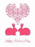 Glücklich Valentinstag Bunny Rabbit mit rosa Herzen und Schriftrollen Illustration