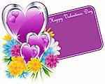 Valentine purple and silver hearts, flowers and a happy valentines day gift tag. Isolated on white. Copy space for text.