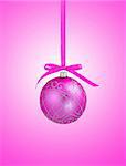 Pink christmas ball with ribbon on pink background with copy space for text