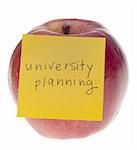University Planning Concept with Apple and Sticky Note Isolated on White with a Clipping Path.