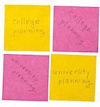 College and University Planning Handwritten Notes in Pink and Yellow Isolated on White with a Clipping Path.