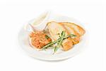 Tar-tar from salmon fish with green onion. Served with honey sauce and white bread toast.