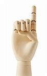wooden dummy hand with one finger up on white