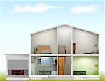 House cut with interiors on against the sky. Vector illustration