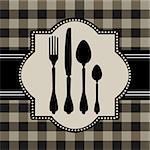 Vector silhouettes of cutlery, on green tablecloth and checkered pattern, design for food or restaurant concept.