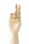 wooden dummy hand with two fingers up on white
