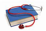 A medical book and stethoscope isolated on a white background.