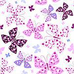 Seamless white pattern with pink and violet butterflies (vector)