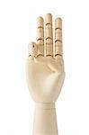 wooden dummy hand with three fingers up on white