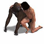the apeman and the gorilla are ground friends. 3D rendering with clipping path and shadow over white