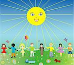 Image group of small children in summer meadow, vector