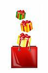 Illustration of falling gifts in a bag for purchases on a white background