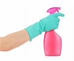 The hand in a green glove holds a pink bottle