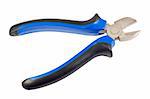 Open diagonal pliers (side cutter) with black and blue handle. Isolated on white background with clipping path.