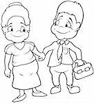 Aunt and Uncle - Black and White Cartoon illustration, Vector