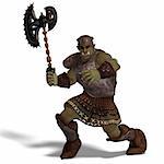 Male Fantasy Orc Barbarian with Giant Axe. 3D rendering with clipping path and shadow over white