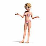 cute and funny cartoon girl wearing a two piece bikini. 3D rendering with clipping path and shadow over white