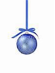 Blue christmas ball with ribbon on white background with copy space for text