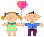 Toys, ragdolls, boy and girl with valentine heart balloon