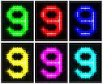Motley set a glowing symbol of the number 9 on black background for your design. Vector illustration. EPS-10.
