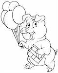 Standing Piglet and Balloons - Black and White Cartoon illustration, Vector