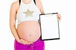 Pregnant woman holding blank clipboard isolated on white.  Closeup.