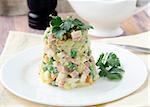 salad with mayonnaise and vegetables and meat on a plate